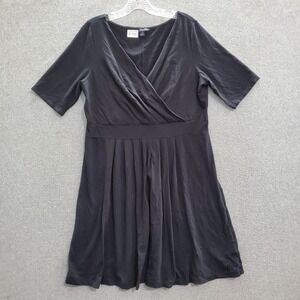 Lands End Women Dress Large Black Knee Length A Line Faux Wrap Pleated V Neck
